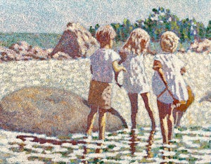 Henry Benson, Large Oil Painting Beach Scene with Children Henry Benson Americana Art Seashore
