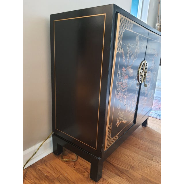 Chinoiserie 1980s Drexel Heritage Black Chinoiserie Style Sleek Cabinet For Sale - Image 3 of 6
