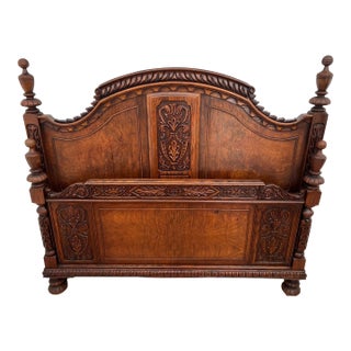 Gorgeous Antique Renaissance Revival Headboard, Footboard Full Size Carved Oak For Sale