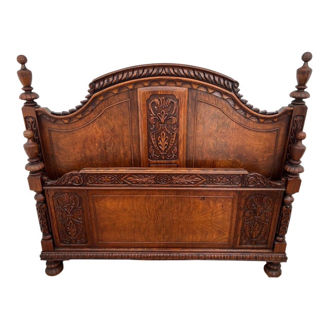 Gorgeous Antique Renaissance Revival Headboard, Footboard Full Size Carved Oak For Sale