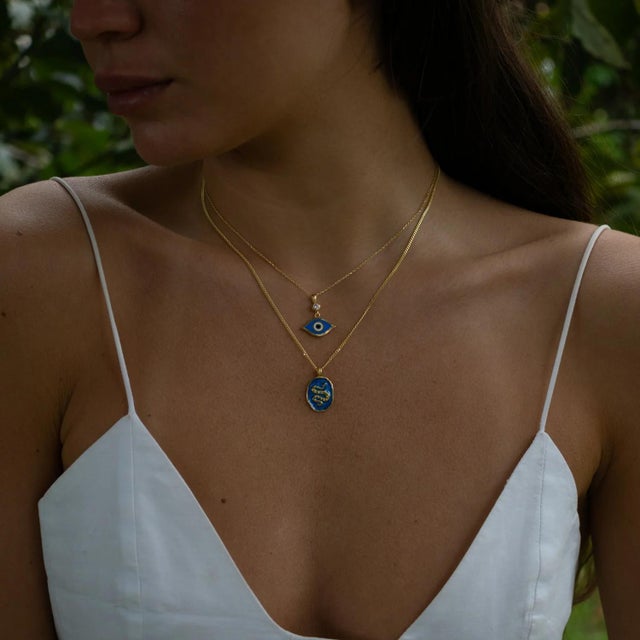 Guardian Snake Blue Enamel Gold Necklace For Sale - Image 4 of 10