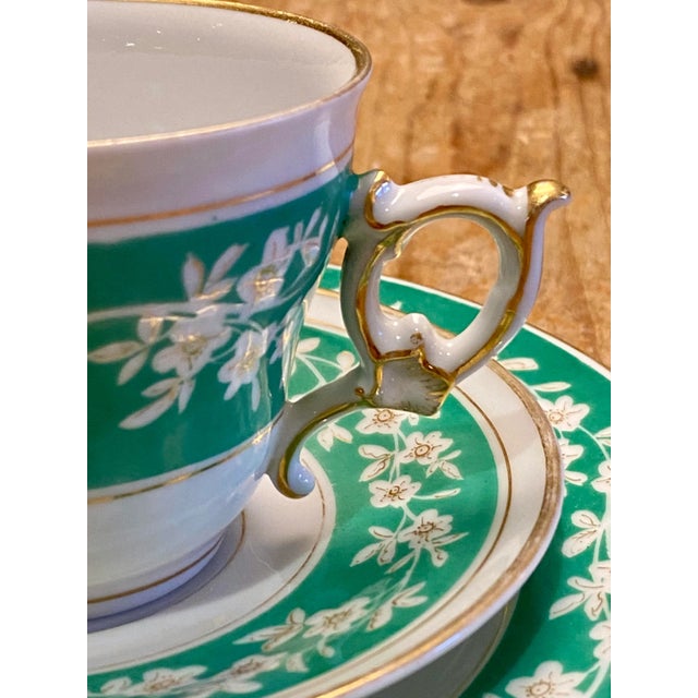 1930s Vintage Hand-Painted Porcelain Tea Set With Green and Gold Floral Pattern- 3 Pieces For Sale - Image 10 of 11