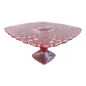 Vintage Le Smith Pink “Rose & Trellis” Glass Square Cake Stand / Pedestal Cake Stand