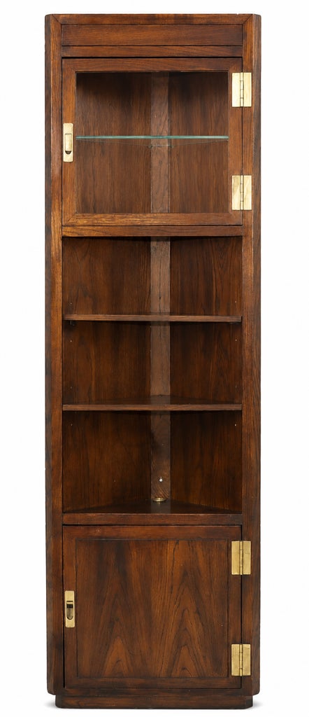 1970s Campaign Vintage Henredon Lighted Oak Corner Display Cabinet With Glass Door — view 5