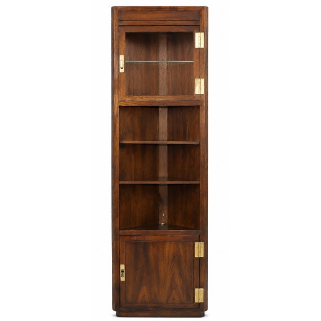 1970s 1970s Campaign Vintage Henredon Lighted Oak Corner Display Cabinet With Glass Door For Sale - Image 5 of 12