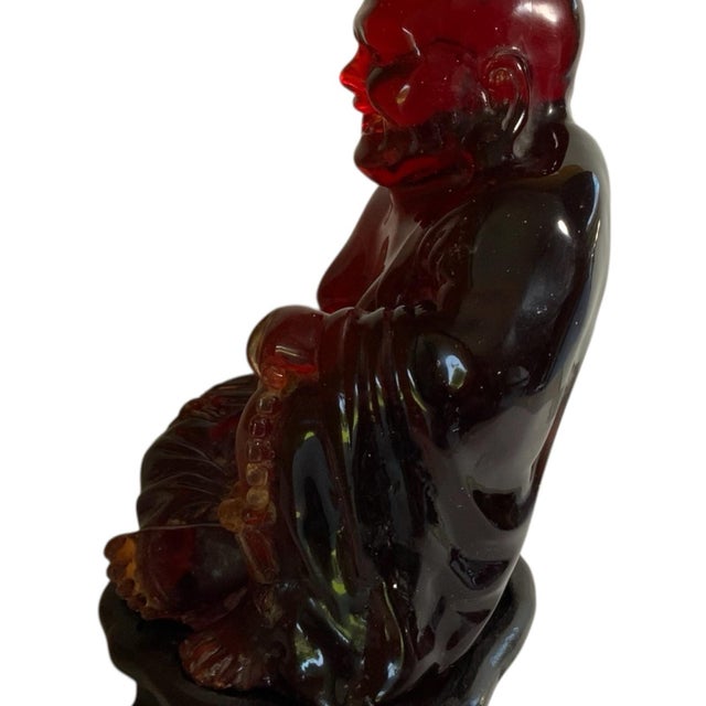 Red Vintage Mid-Century Large Translucent Red Resin Laughing Buddha Statue on Carved Wood Base China C. 1960s For Sale - Image 8 of 11
