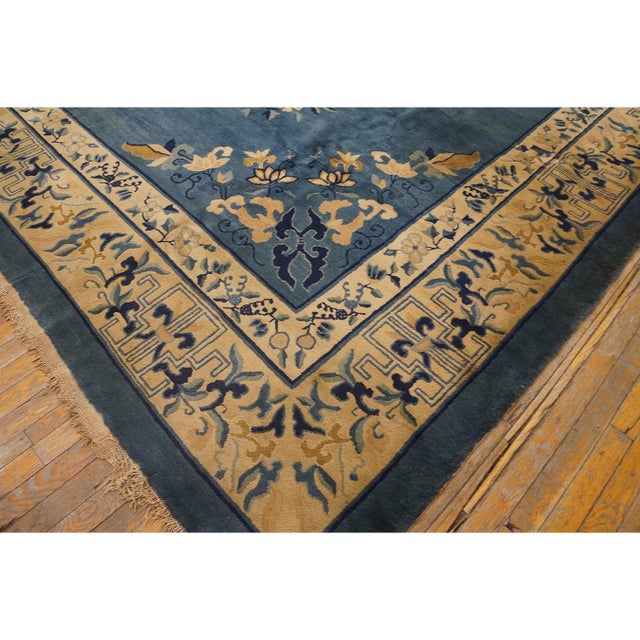 Chinese Traditional Medallion Floral Blue Field 1920s Antique Chinese Rug 10'3" X 13'9" For Sale - Image 3 of 9