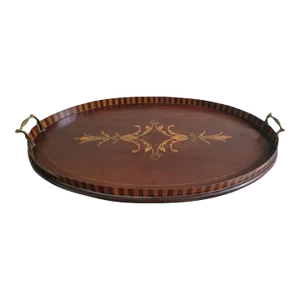 Late 19th Century Large-Scaled, Finely Inlaid George III Victorian Mahogany Oval Butler's Tray