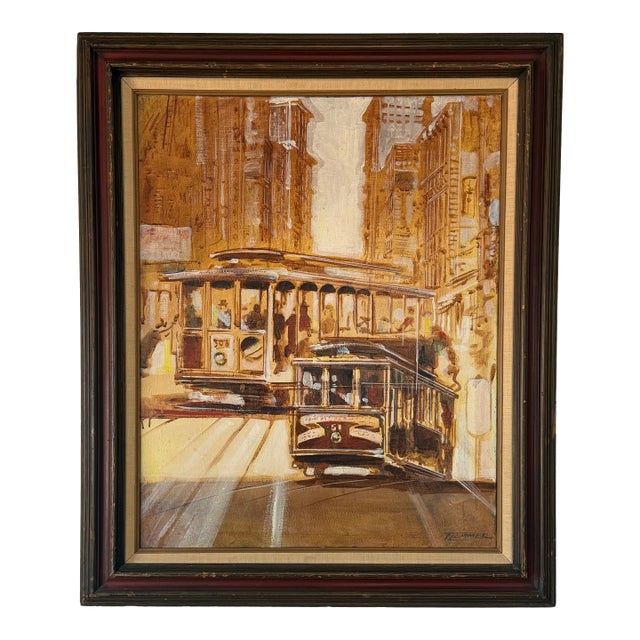 Vintage San Francisco Cable Car Painting by Flemmer – Framed Oil on Canvas For Sale