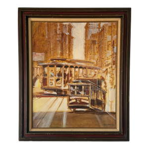 Vintage San Francisco Cable Car Painting by Flemmer – Framed Oil on Canvas