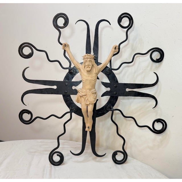 Figurative Large Vintage Carved Wood Wrought Iron Religious Wall Crucifix Cross Sculpture For Sale - Image 3 of 14