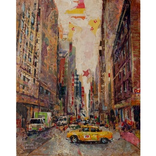 Anytime, Anywhere by Josh George | Mixed Media on Wood Panel City street scene with yellow taxi. For Sale
