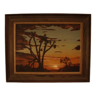 Original Landscape Oil Painting Depicting a Desert Sunset and Joshua Trees, Circa 1960s in Wood and Gold Frame For Sale