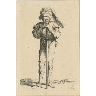 Salvator Rosa, Warrior Standing and Leaning on a Long Sword, 1658, Etching For Sale