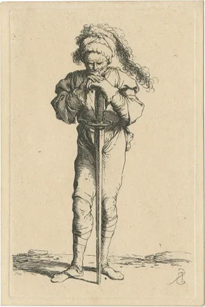 Salvator Rosa, Warrior Standing and Leaning on a Long Sword, 1658, Etching