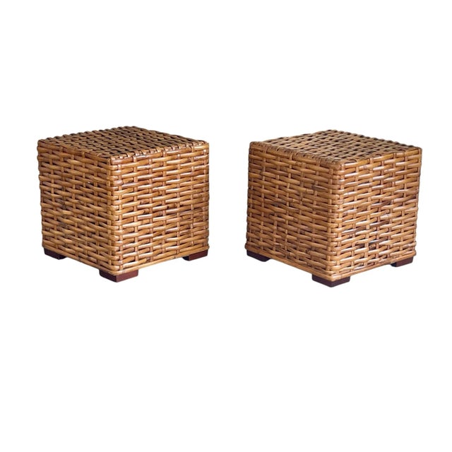 Vintage British Colonial Rattan Cube End Tables, Architectural Form | Pair For Sale - Image 11 of 12