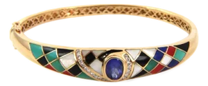 Diamond & Tanzanite Multicolor Gems Inlay 14k Yellow Gold Bangle Bracelet