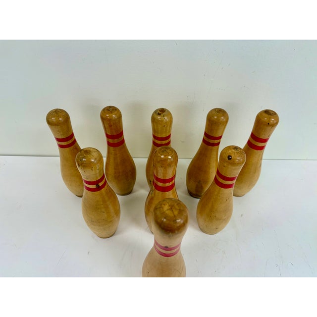 Vintage Set of 9 Wooden Bowling Pins For Sale - Image 4 of 6