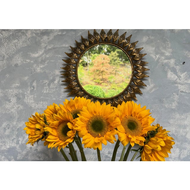 A Spanish 1950s sunburst mirror with tightly placed leaves or rays. This stunning Spanish sunburst mirror from the 1950s...