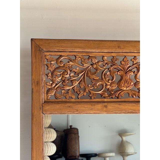 Large Freestanding Teak Mirror with Carved Openwork Pediment, Indonesia, 1980s For Sale - Image 4 of 18