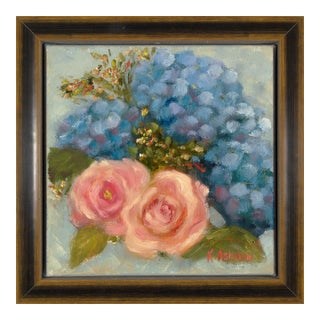 Blue Hydrangea Coastal Floral With Pink Roses, "Beloved" Framed Oil Painting by Artist Kristin Ashman For Sale
