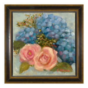 Blue Hydrangea Coastal Floral With Pink Roses, "Beloved" Framed Oil Painting by Artist Kristin Ashman