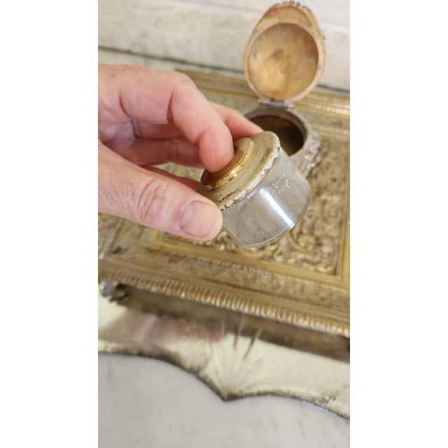 Victorian Vintage Ornate Brass Pegasus Inkwell Tray With Glass Ink Insert For Sale - Image 3 of 18