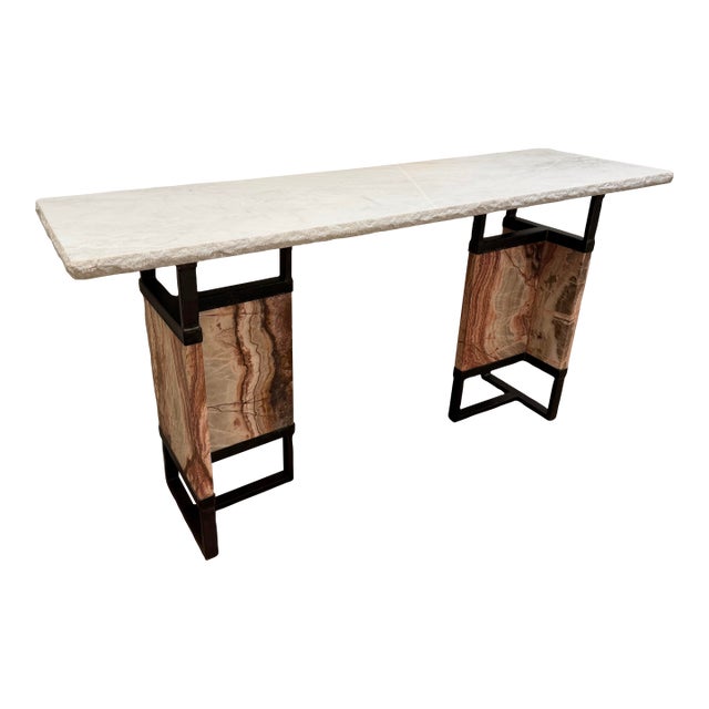 Architectural Marble & Onyx Console Table With Blackened Iron Base For Sale