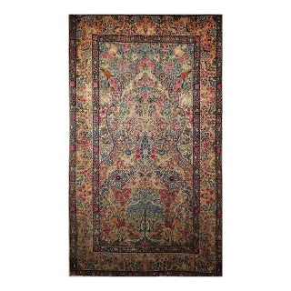 Antique Persian Kerman Lavar Rug, Hand-Knotted Wool, Tree of Life Pattern, Ivory & Turquoise, 5x8 For Sale
