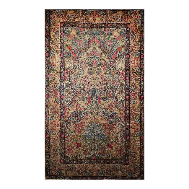 Antique Persian Kerman Lavar Rug, Hand-Knotted Wool, Tree of Life Pattern, Ivory & Turquoise, 5x8 For Sale