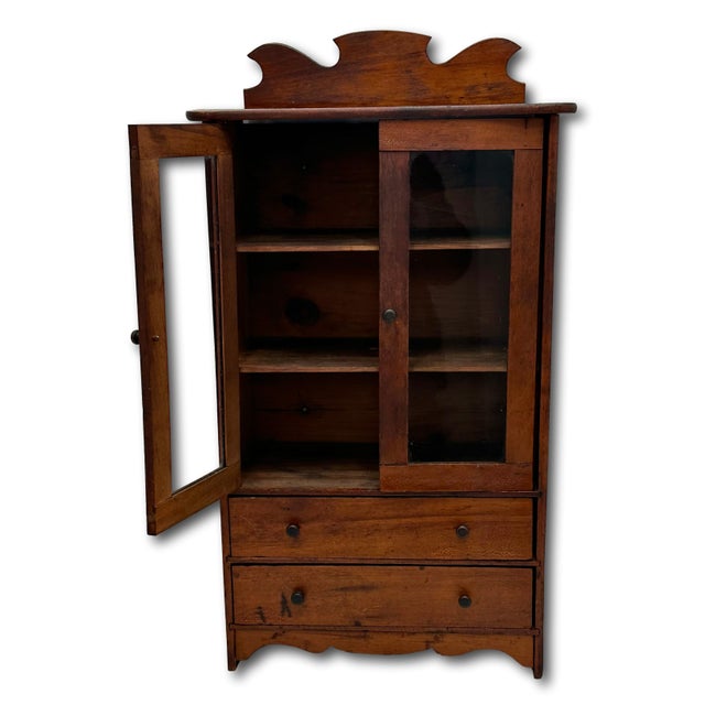 Wood Unusual Early 1900s Antique American Miniature Size Wood & Glass Front "Salesmans Sample" Kitchen Hutch - 23 Inches Tall For Sale - Image 7 of 18