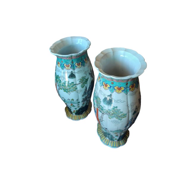 Asian Vintage Pair of Ceramic Asian Vases With Village Scene For Sale - Image 3 of 3