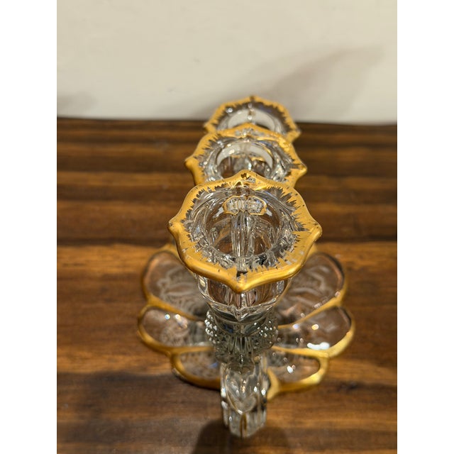 1930s Cambridge Glass Valencia Etched & Gilt 3-Light Candelabra – Pair For Sale - Image 11 of 17