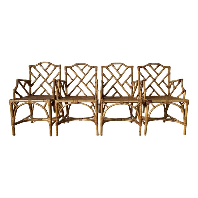 Vintage Italian Dal Vera Chippendale Style Bamboo & Rattan Dining Chairs - Set of Four For Sale