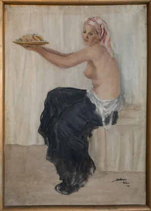 Antonio Riba, Seated Woman Offering Fruit, 1946, Oil on Canvas