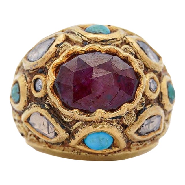 Vintage Ruby Rose Cut Diamond & Turquoise 18k Gold Ring, Size 8 For Sale