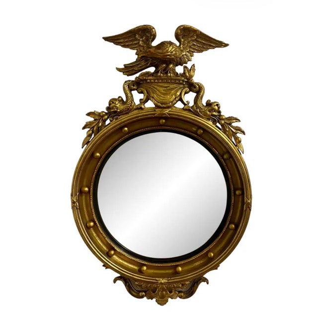 Eagle Mirror Oval Round Antique Gold Gilt Wood Gesso For Sale - Image 4 of 4