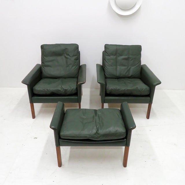 Pair of stunning green leather armchairs and ottoman by Hans Olsen, Denmark 1960, fluted arms upholstered in leather,...