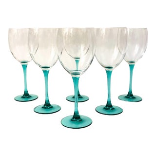 Turquoise Stem Wine Glasses by Luminarc France - Set of 6 For Sale