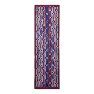 1930s Red Wine Geometric Antique American Hooked Rug 2'8" X 9' Knotted Pile Cotton Wool Carpet