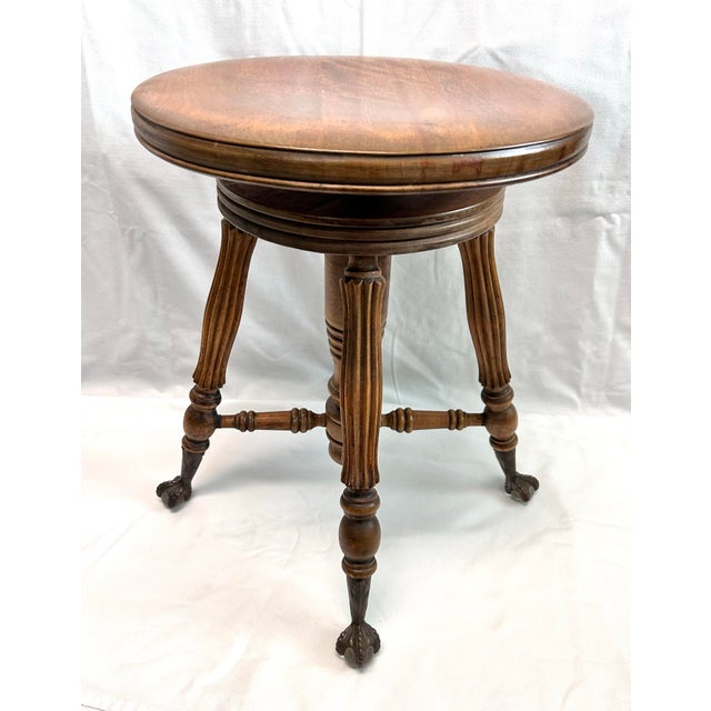 Brown Antique Tonk Victorian Adjustable Piano Stool With Glass Ball Claw Feet For Sale - Image 8 of 11