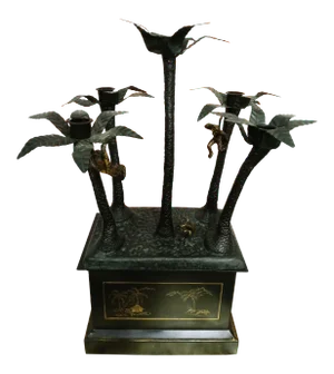 Large Heavy Maitland Smith 5 Palm Tree Monkey Chinoiserie Candle Stick Holder