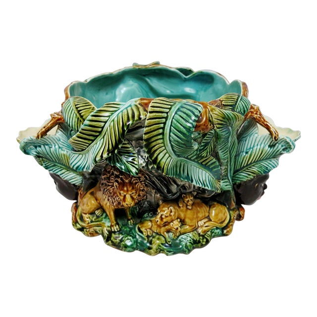 Antique French Onnaing Majolica Blackamoor and Lions Jardinière, C. 1900 For Sale