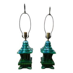 Mid Century Pagoda Table Lamps Chinoiserie Green and Blue Ceramic - a Pair