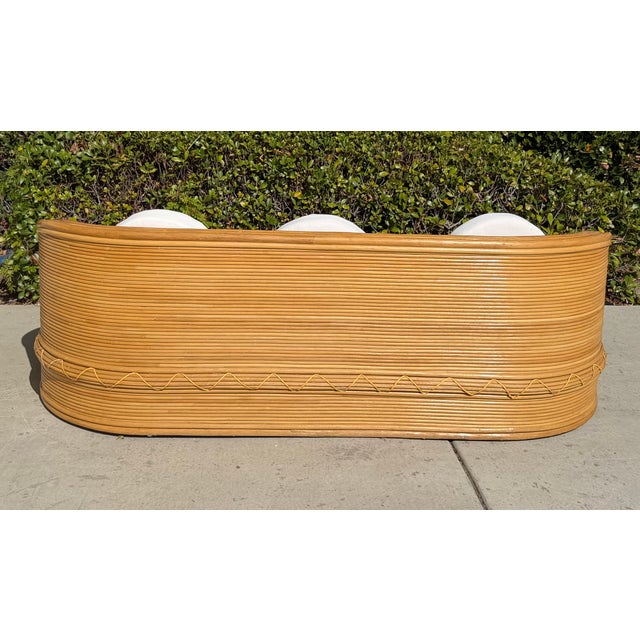 Wood 1980s Vintage Curved Pencil Reed Rattan Sofa, With New Sunbrella Upholstery For Sale - Image 7 of 14