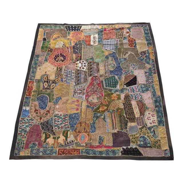 Large Antique Central & South Asian Embroidered Patchwork Textile Quilt, 7'10" X 7'5" For Sale