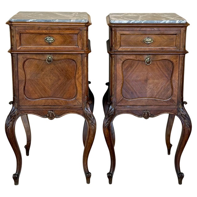 Antique French Mahogany Night Stands or bedside tables with marble top , 1900, A Pair For Sale - Image 15 of 18