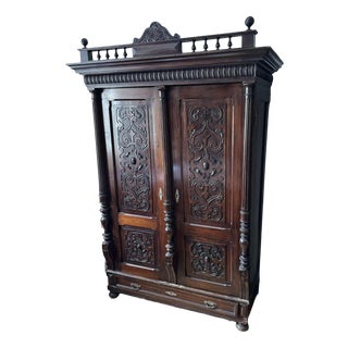 Antique Style Baroque Revival Carved Oak Wardrobe For Sale
