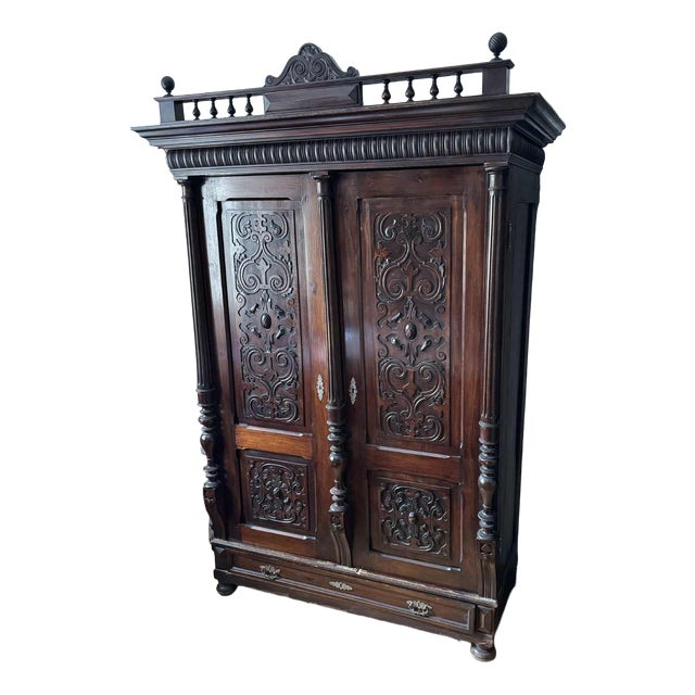 Antique Style Baroque Revival Carved Oak Wardrobe For Sale