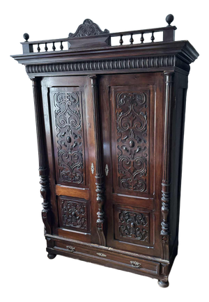 Antique Style Baroque Revival Carved Oak Wardrobe